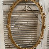Ancien Cadre De Miroir Oval Fronton Noeud Style Louis XV Bronze Doré