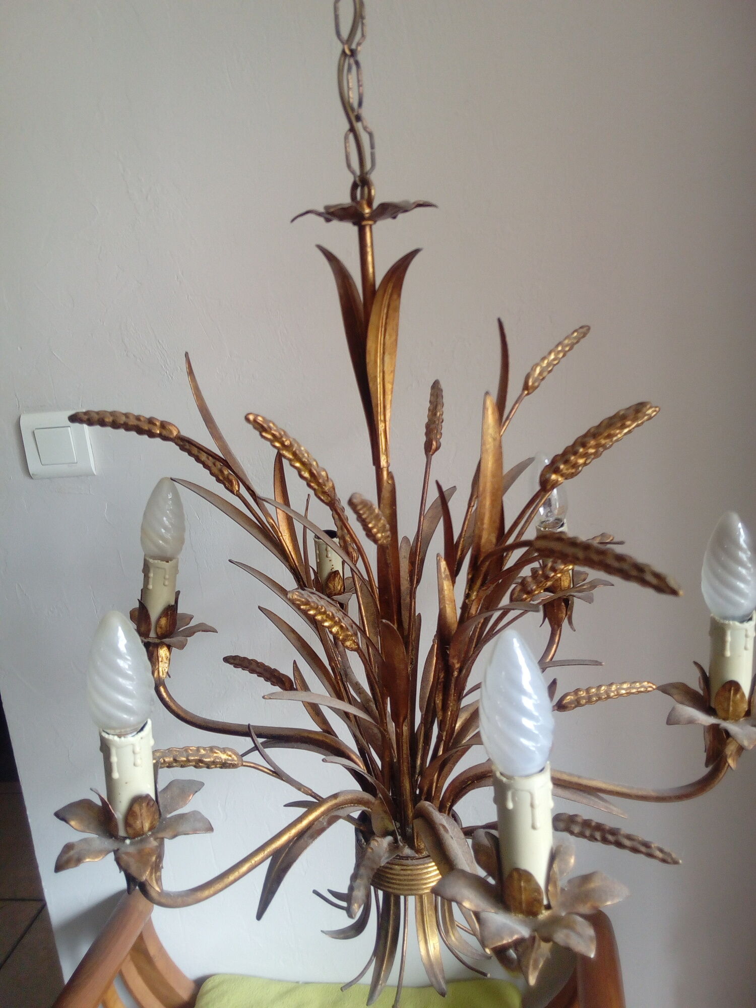 Chandelier ear of wheat years 60/70 6 branches gold metal 103 cm