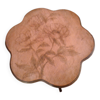 Pedestal table signed "gervaise" in wood poppy motif pyrography noodle style