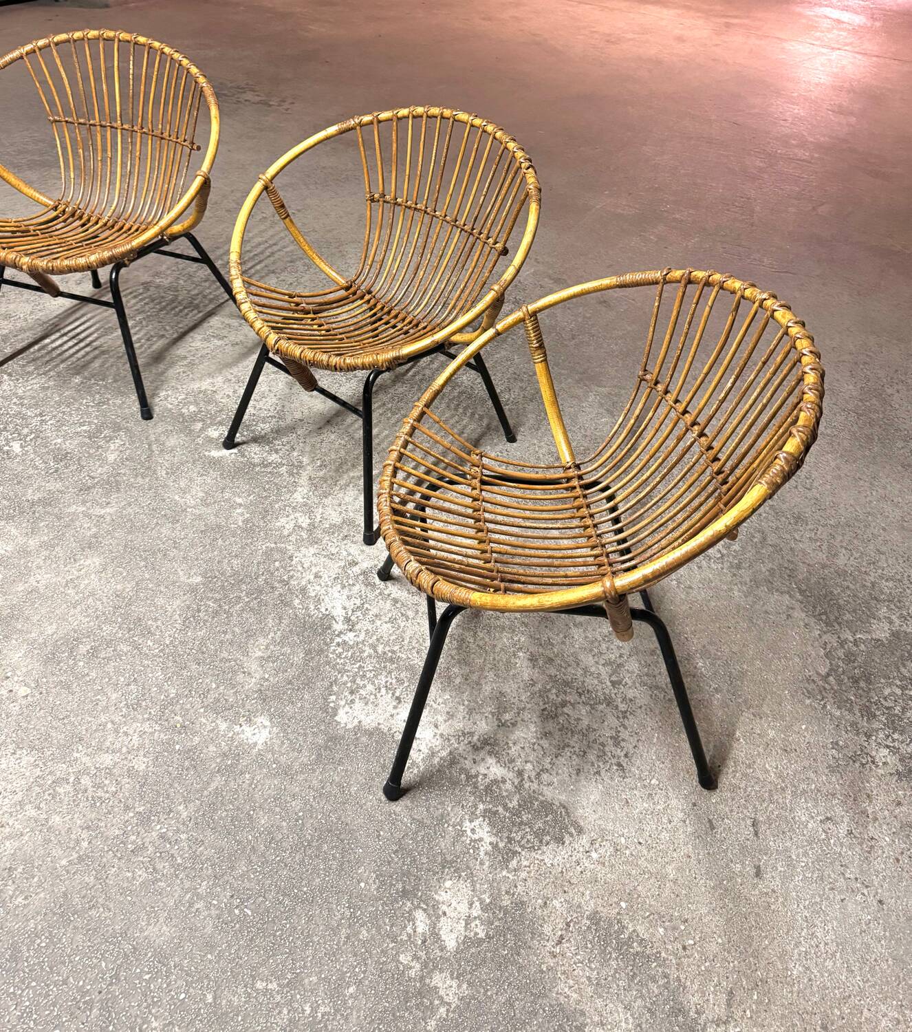 Set of 4 vintage 1950s/60s wicker rattan adult basket armchairs