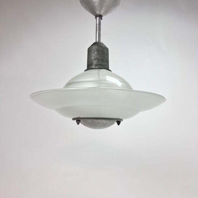 Art deco glass and steel ceiling lamp, 1920