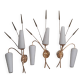 3 vintage wall lights from Maison Lunel, 1950s in brass with opalines