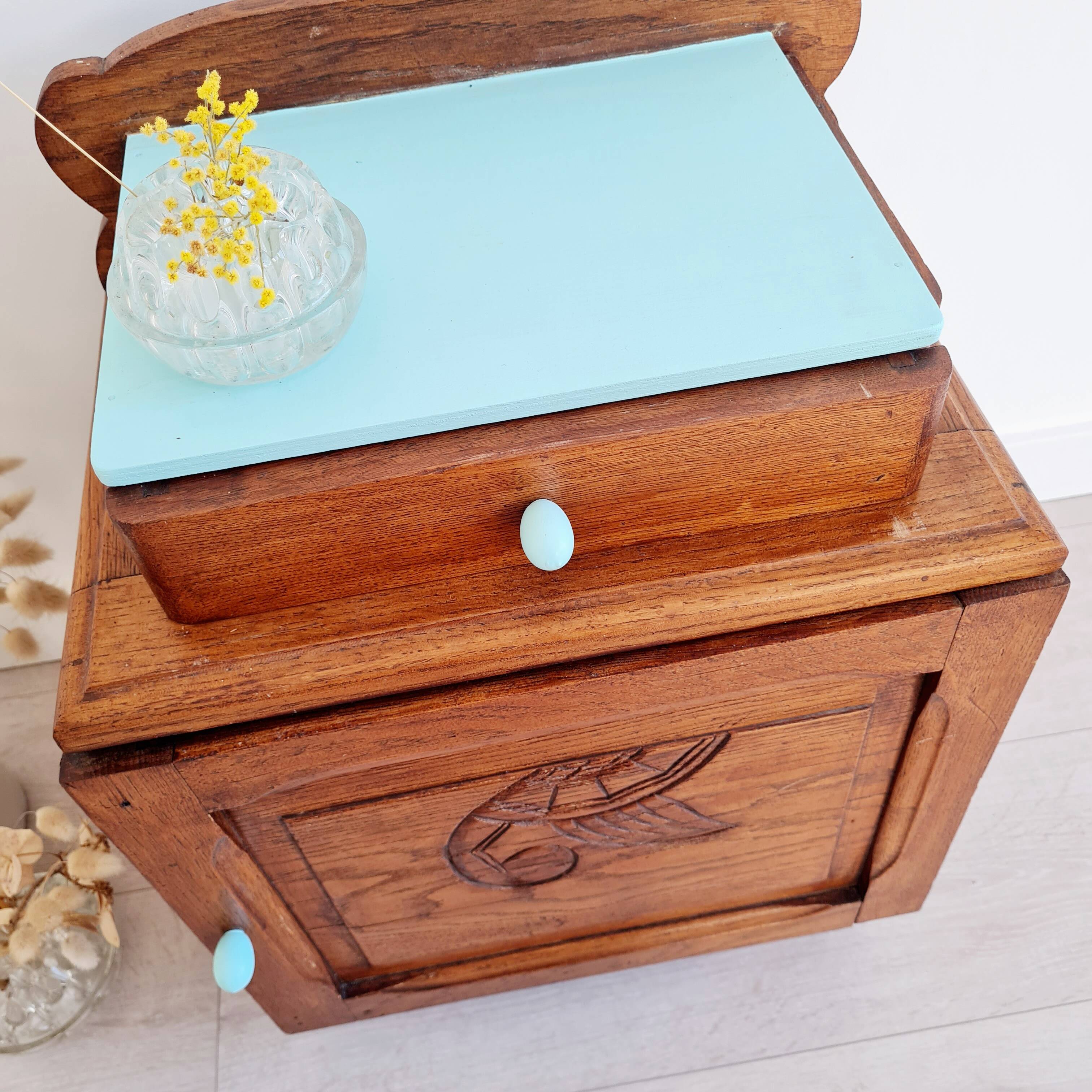 Art Deco bedside table in solid wood - blue top