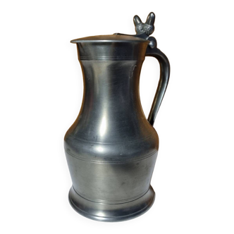 Pichet, carafe avec couvercle en étain décor gland, étain d'art