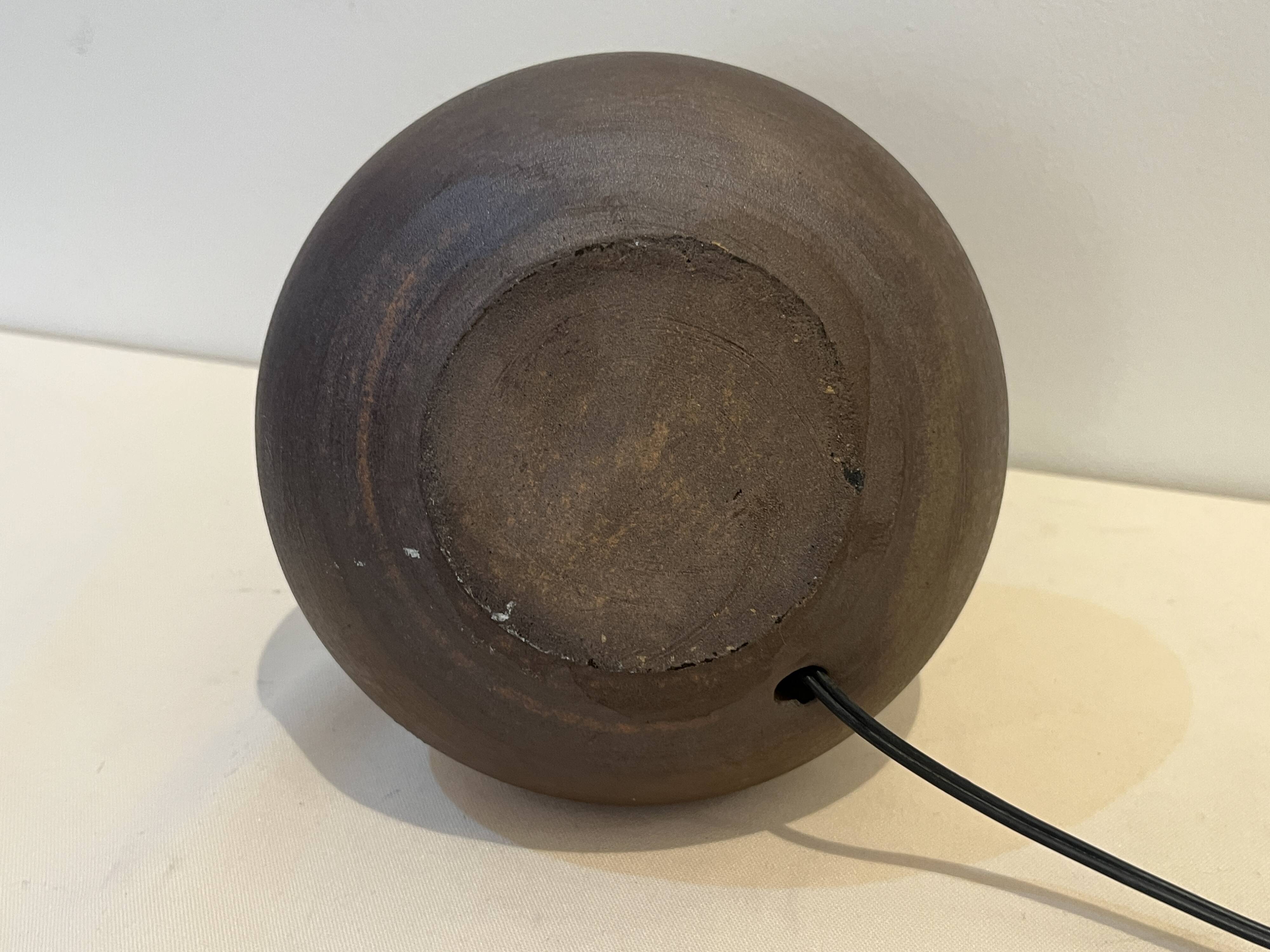 Vintage design lamp base in brown pyrite stoneware with raffia lampshade 1970