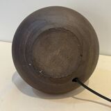 Vintage designer lamp base in brown pyrite stoneware with raffia lampshade, 1970s