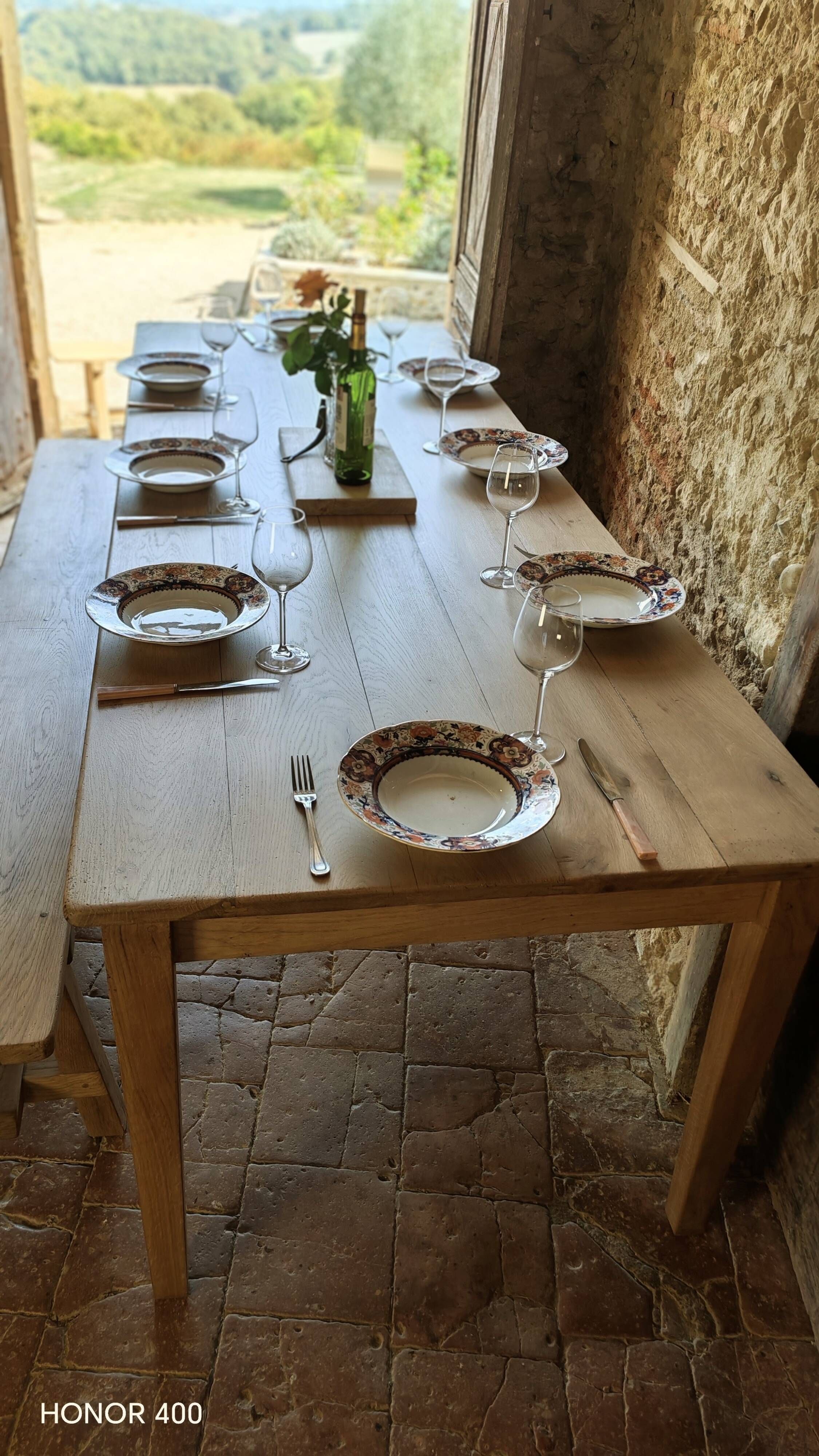 Solid oak farmhouse table "raw" 247x89, "chocolate oak" top