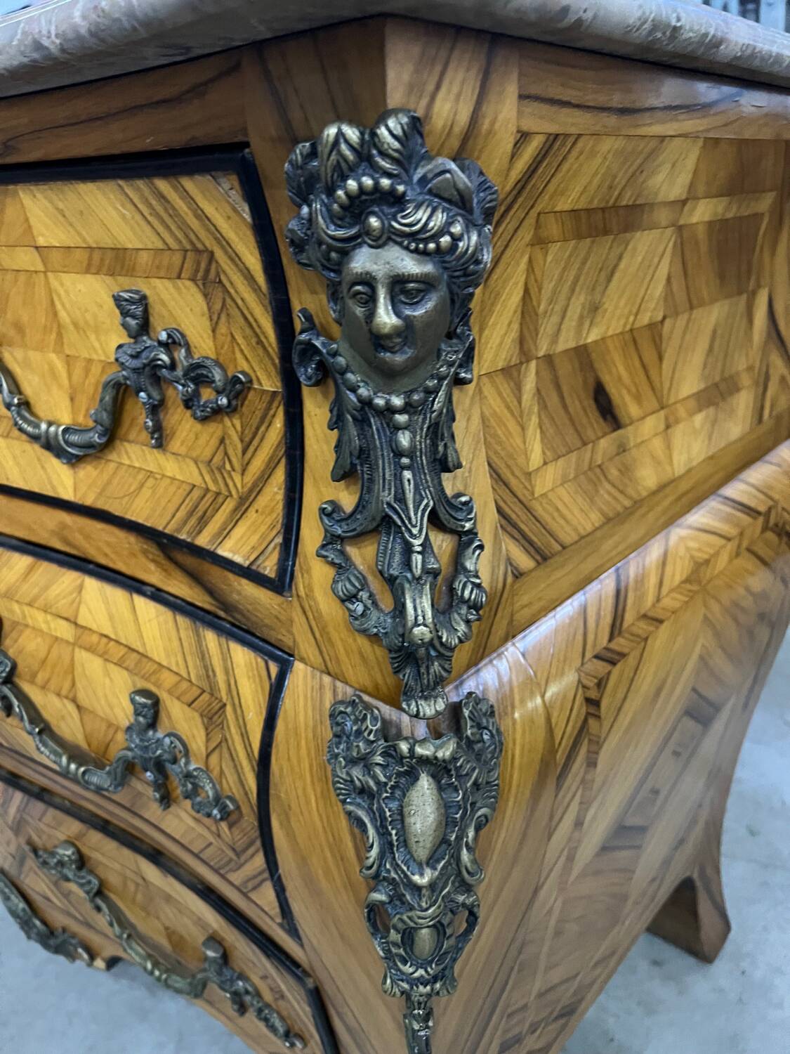 Louis XV style tomb chest of drawers in marquetry and marble
