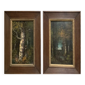 Two old paintings by René Gourdon undergrowth (1855) 19th century