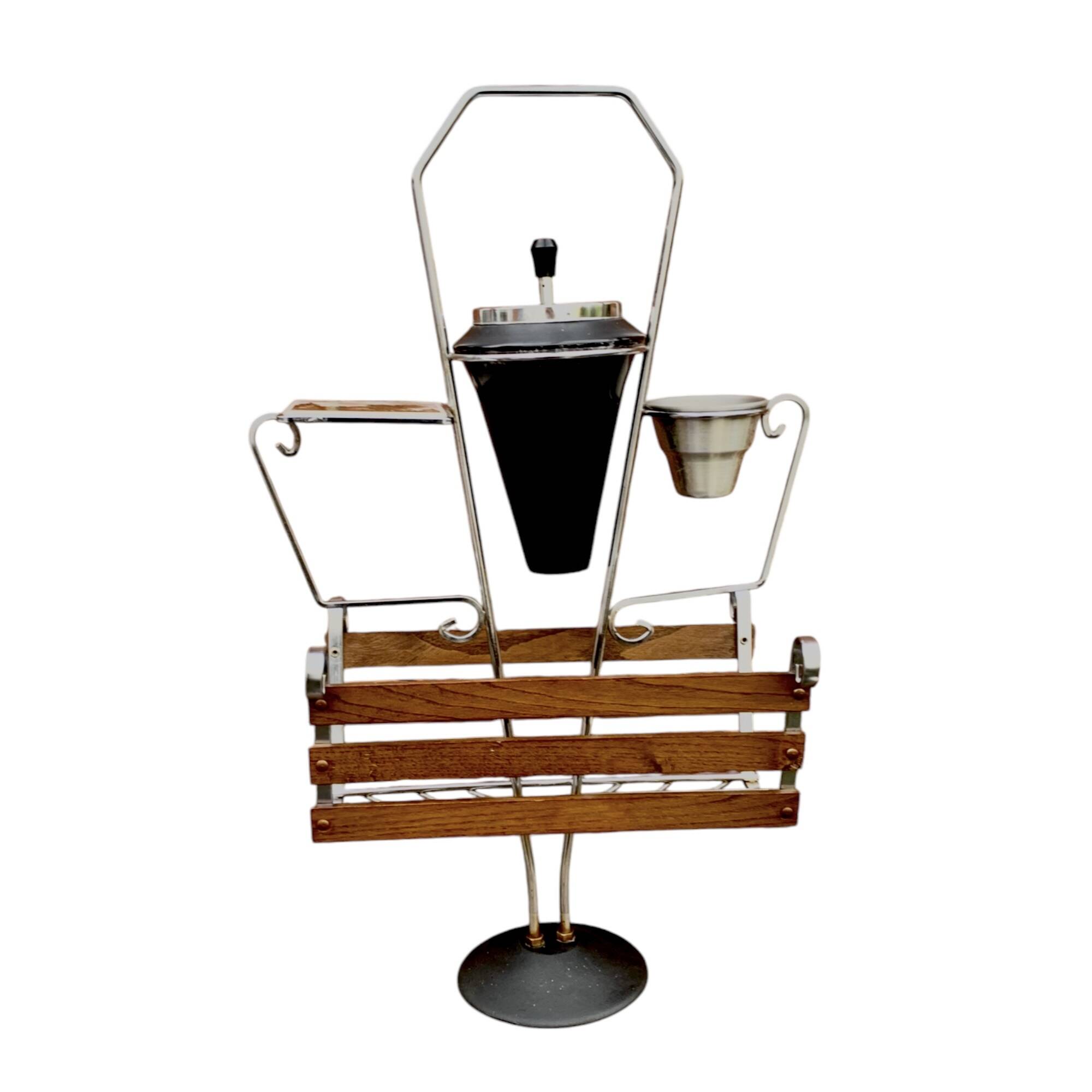 : Multifunctional magazine rack from the 50s-60s in chrome-plated metal and solid wood