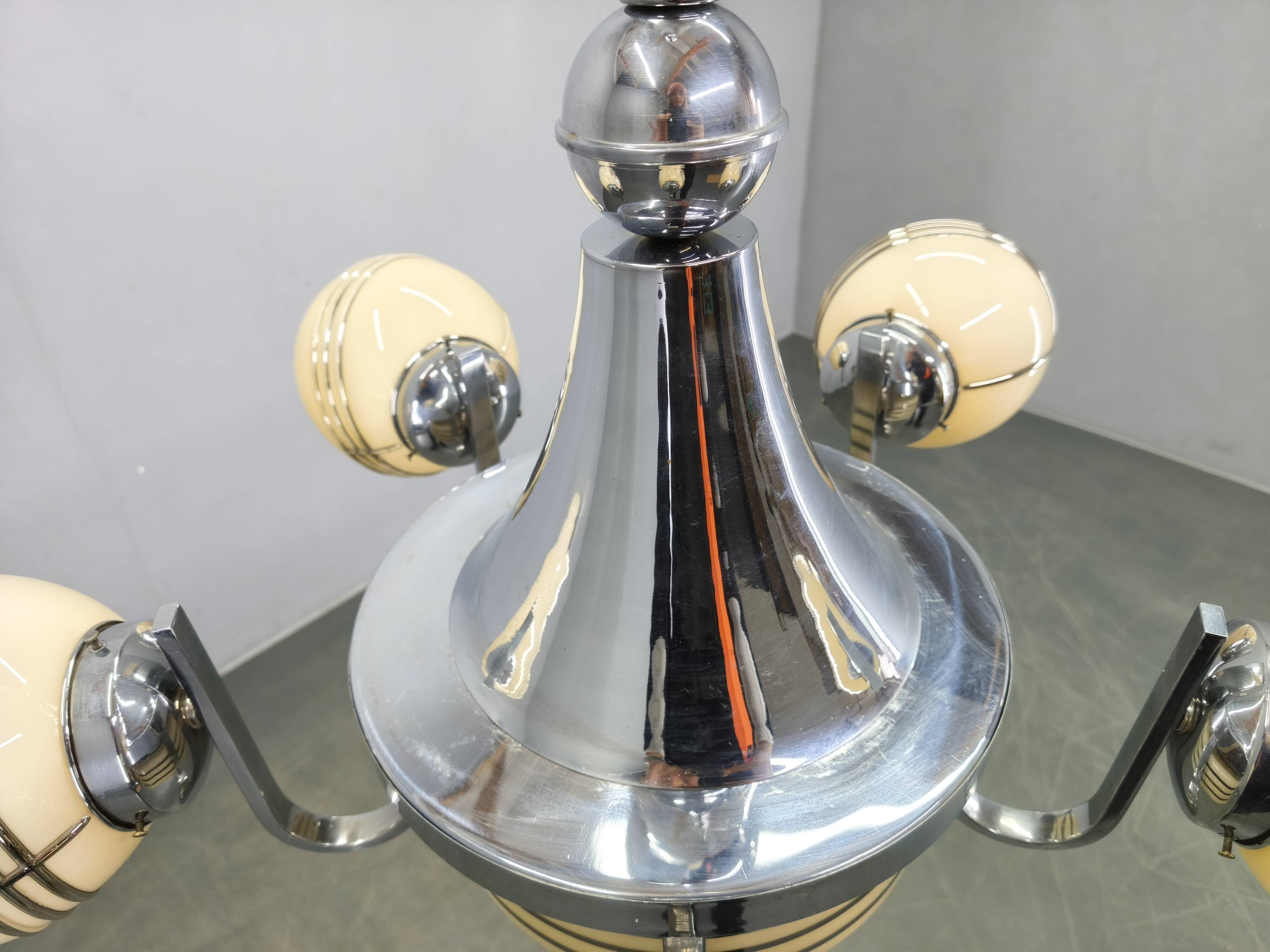 Art Deco Chrome and Glass Chandelier, 5 Globes, 1930s