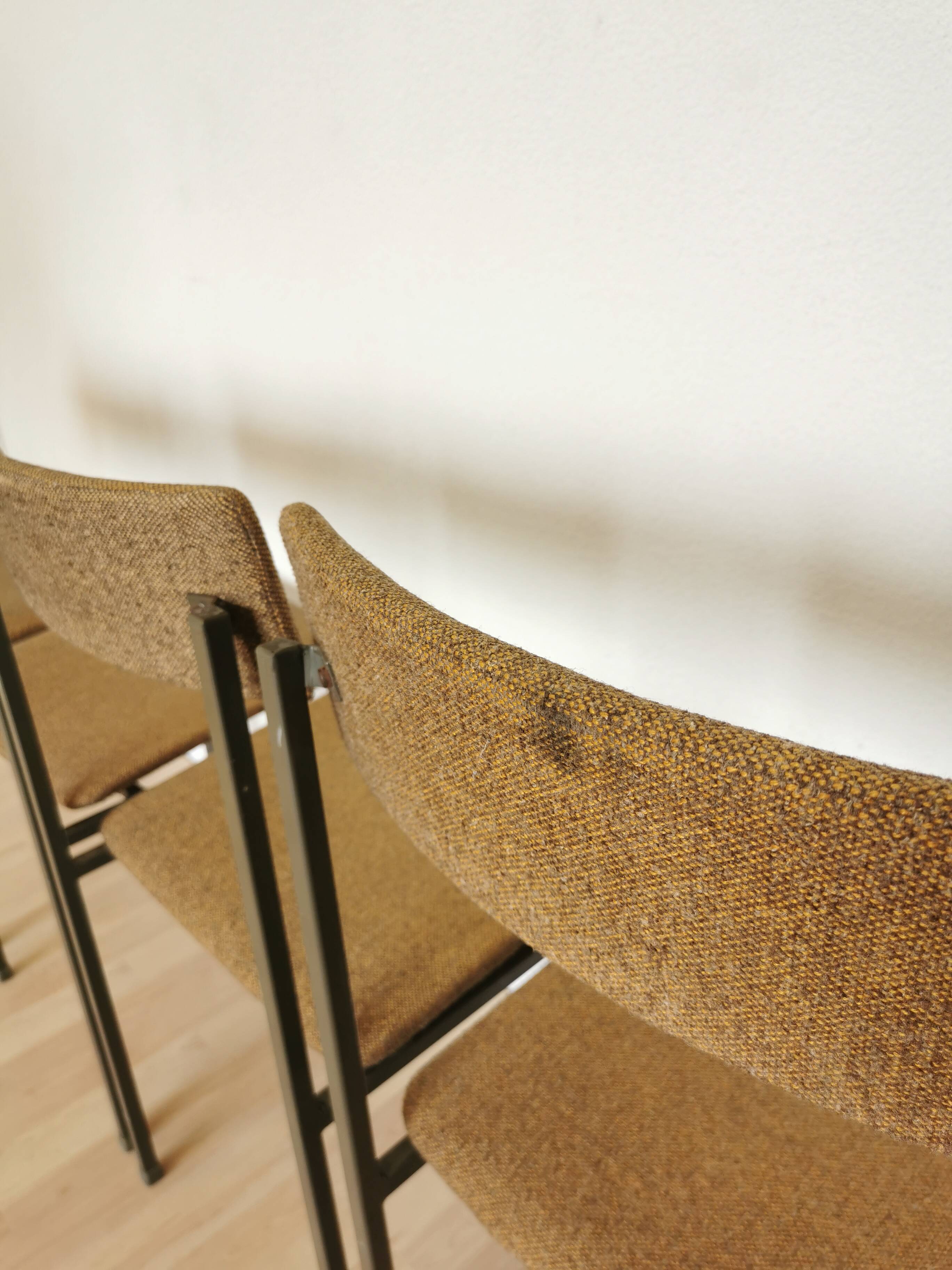 Set of 4 Vintage Industrial School Chairs: Brown Fabric, Black Metal Base