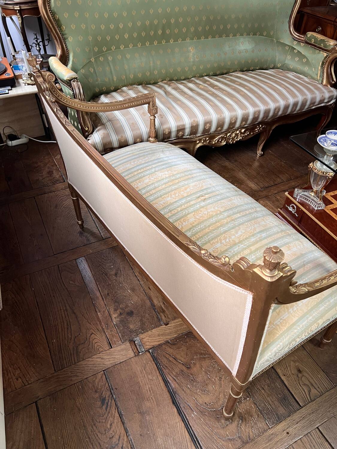 Exceptional Louis XVI style bench in gilded wood - Late 19th century