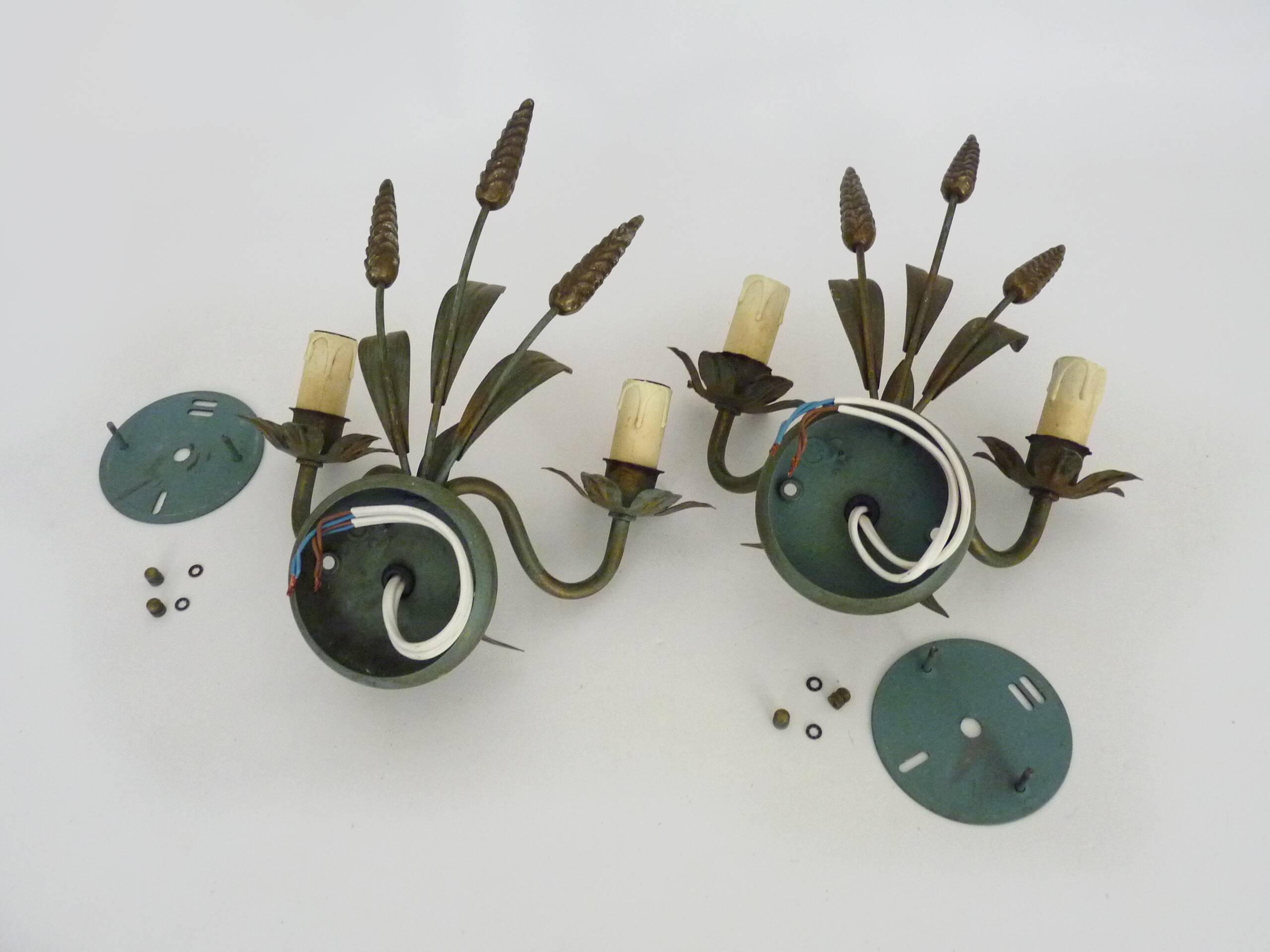 Paire d'appliques murales épis de blé ancienne en métal vert et or