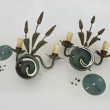 Paire d'appliques murales épis de blé ancienne en métal vert et or