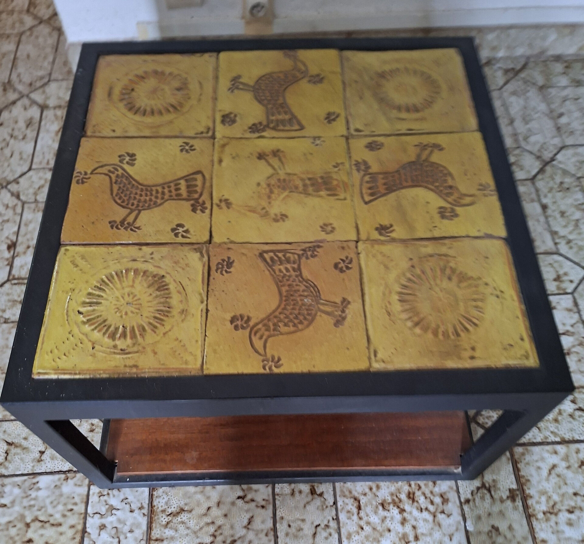 Low Table in Glazed Ceramic and Black Metal, Decorated with Stylised Birds