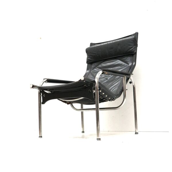 2x Fauteuil vintage en cuir noir de Strässle HE1106 conçu par Hans Eichenberger
