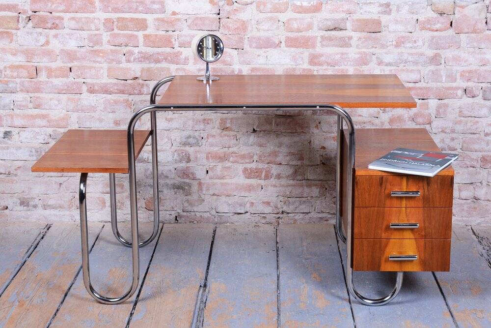 Czech Bauhaus Writing Desk in Walnut and Chrome attributed to Robert Slezak for Slezak Factories, 1940s