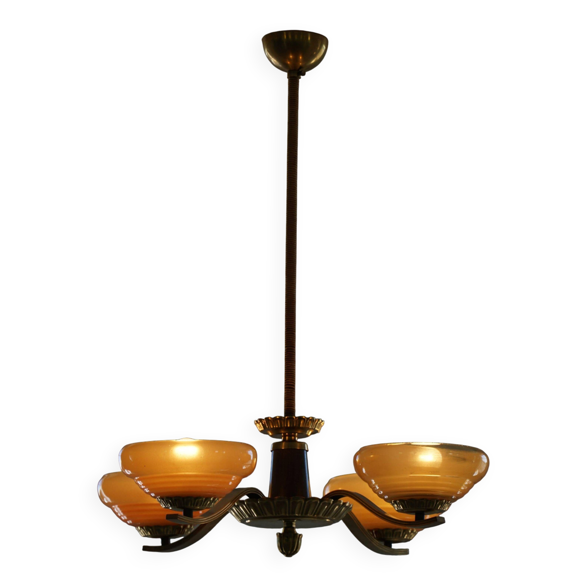 Art Deco chandelier with 4 arms in glass and brass, Sweden, 1940s