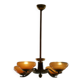Art Deco chandelier with 4 arms in glass and brass, Sweden, 1940s