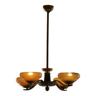 Art Deco chandelier with 4 arms in glass and brass, Sweden, 1940s