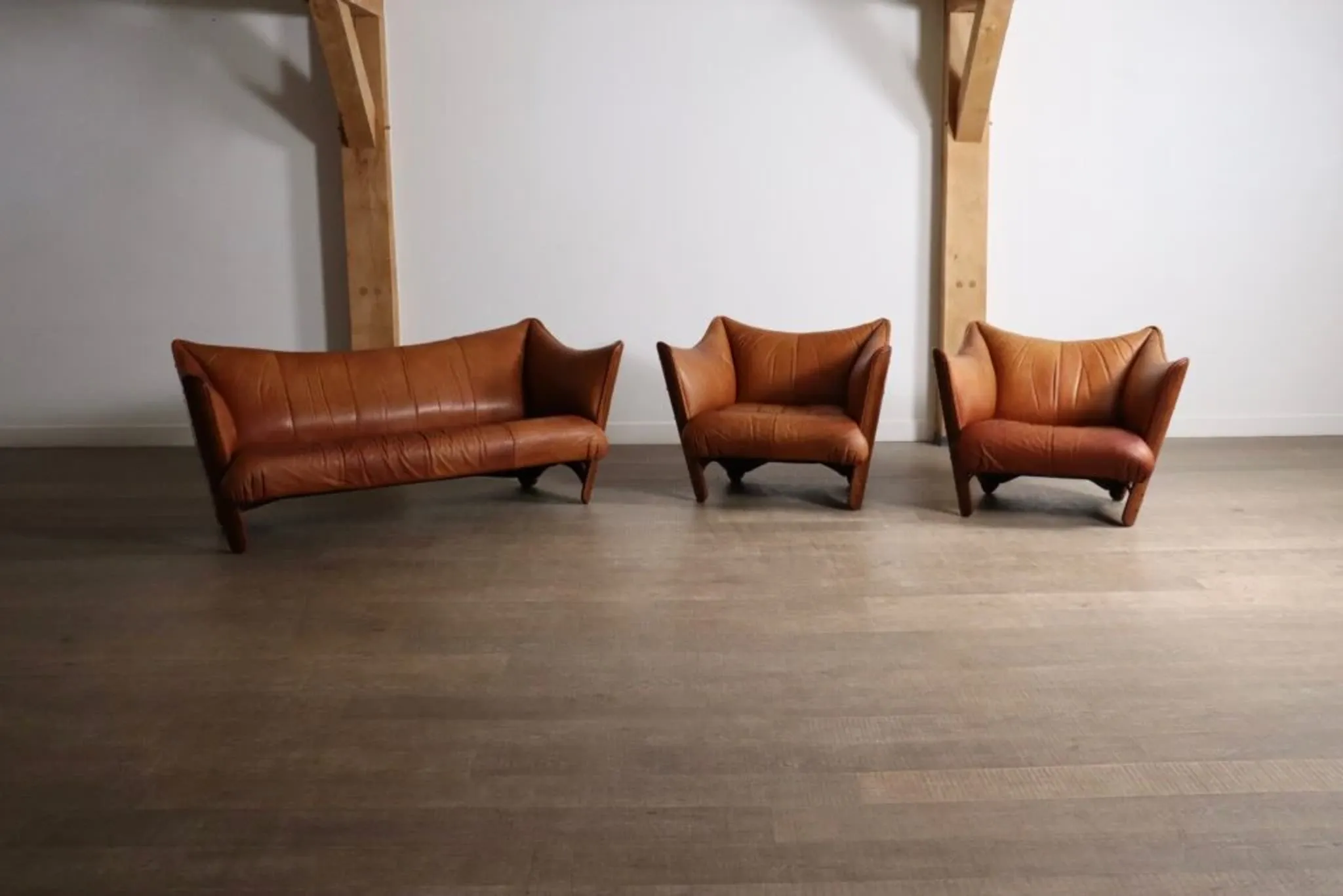 Mid-century sofa in cognac leather and wood by Pacific Green, Australia 1980s