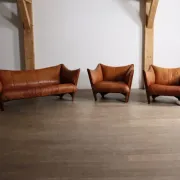 Mid-century sofa in cognac leather and wood by Pacific Green, Australia 1980s