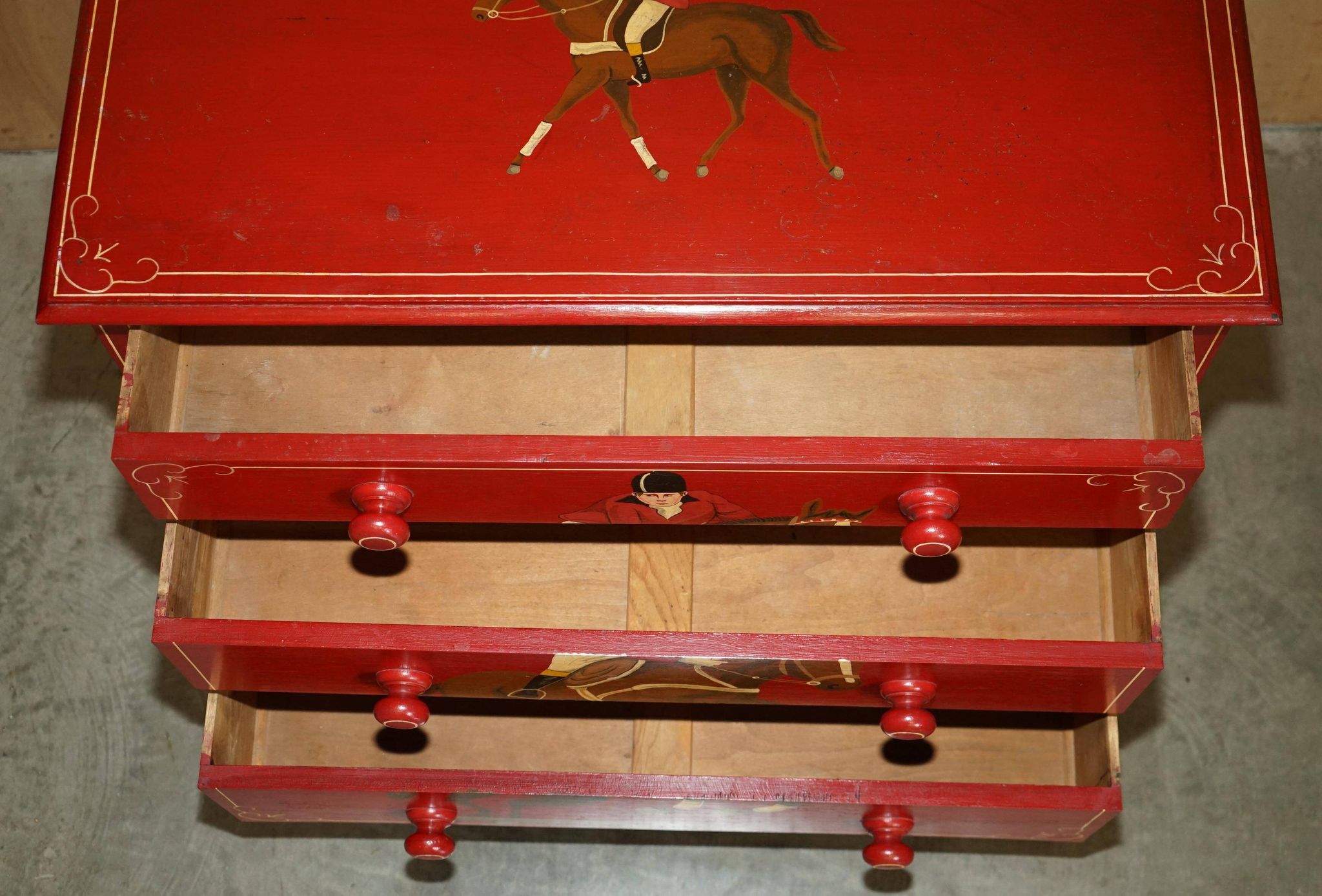 Hand-painted Victorian pine commode featuring a horse and jockey.