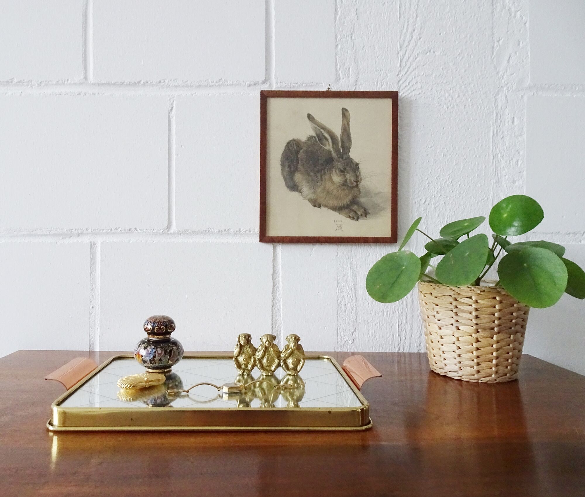Mirror tray with diamond pattern made of brass and copper, 50