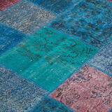 Handmade turkish overdyed 205 cm x 300 cm blue patchwork rug