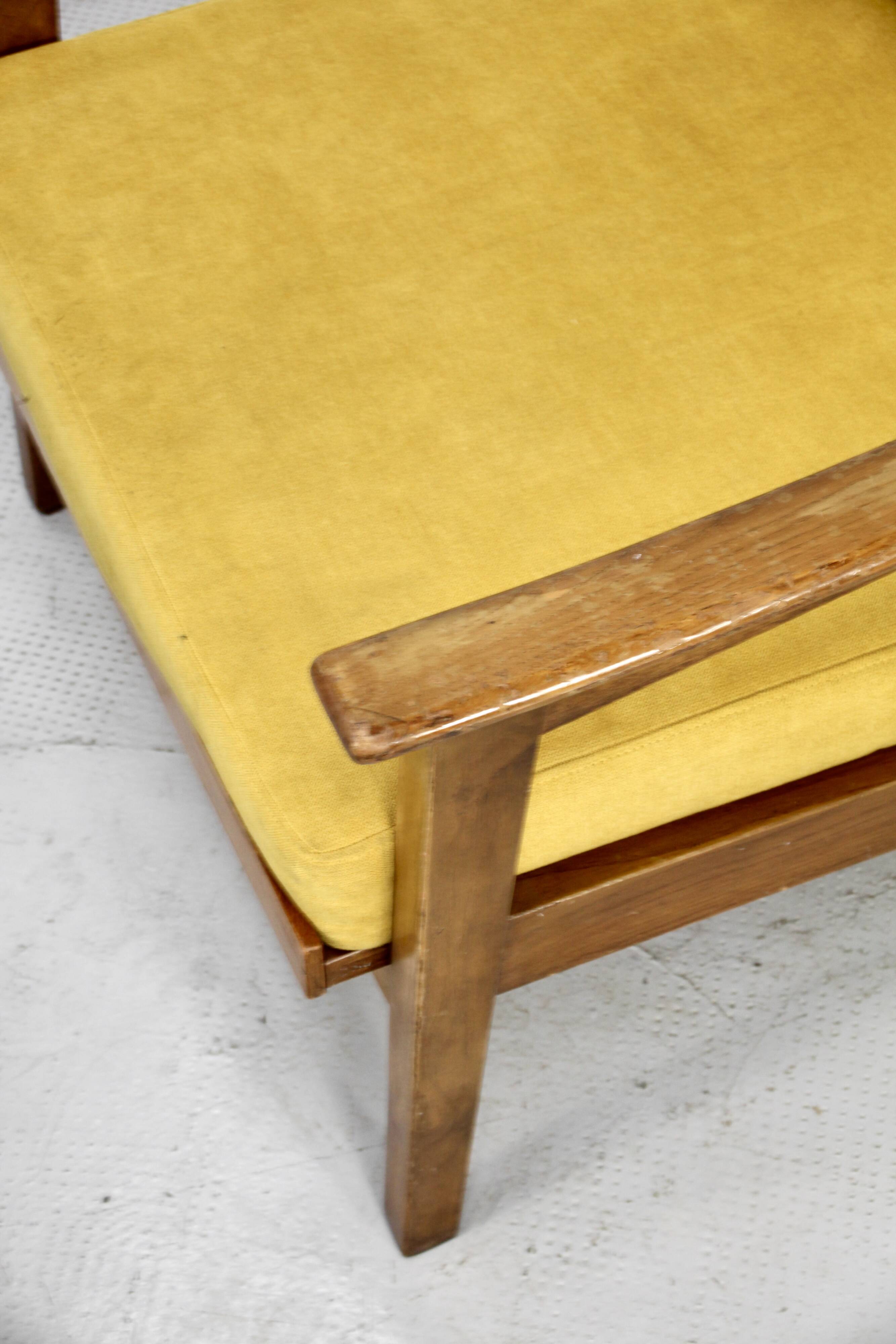 Midcentury Italian Armchair In Teak And Mustard Velvet.