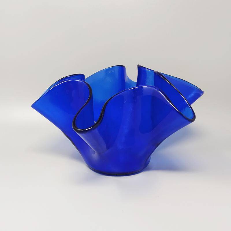 1970s Blue Vase "Fazzoletto" by Dogi in Murano Glass. Made in Italy