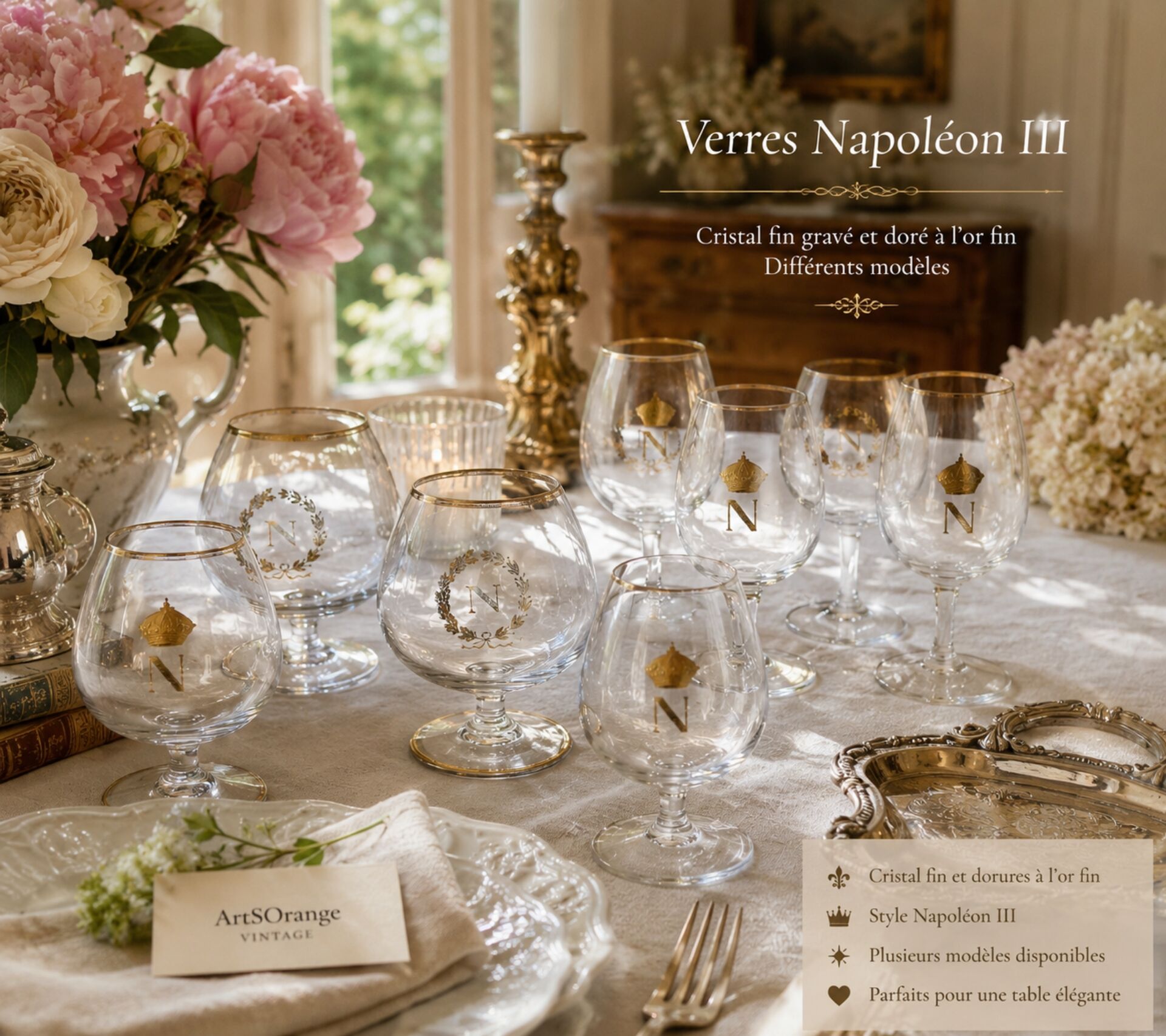 Suite de 10 verres à liqueur en cristal décor Napoléon Ier doré – cour