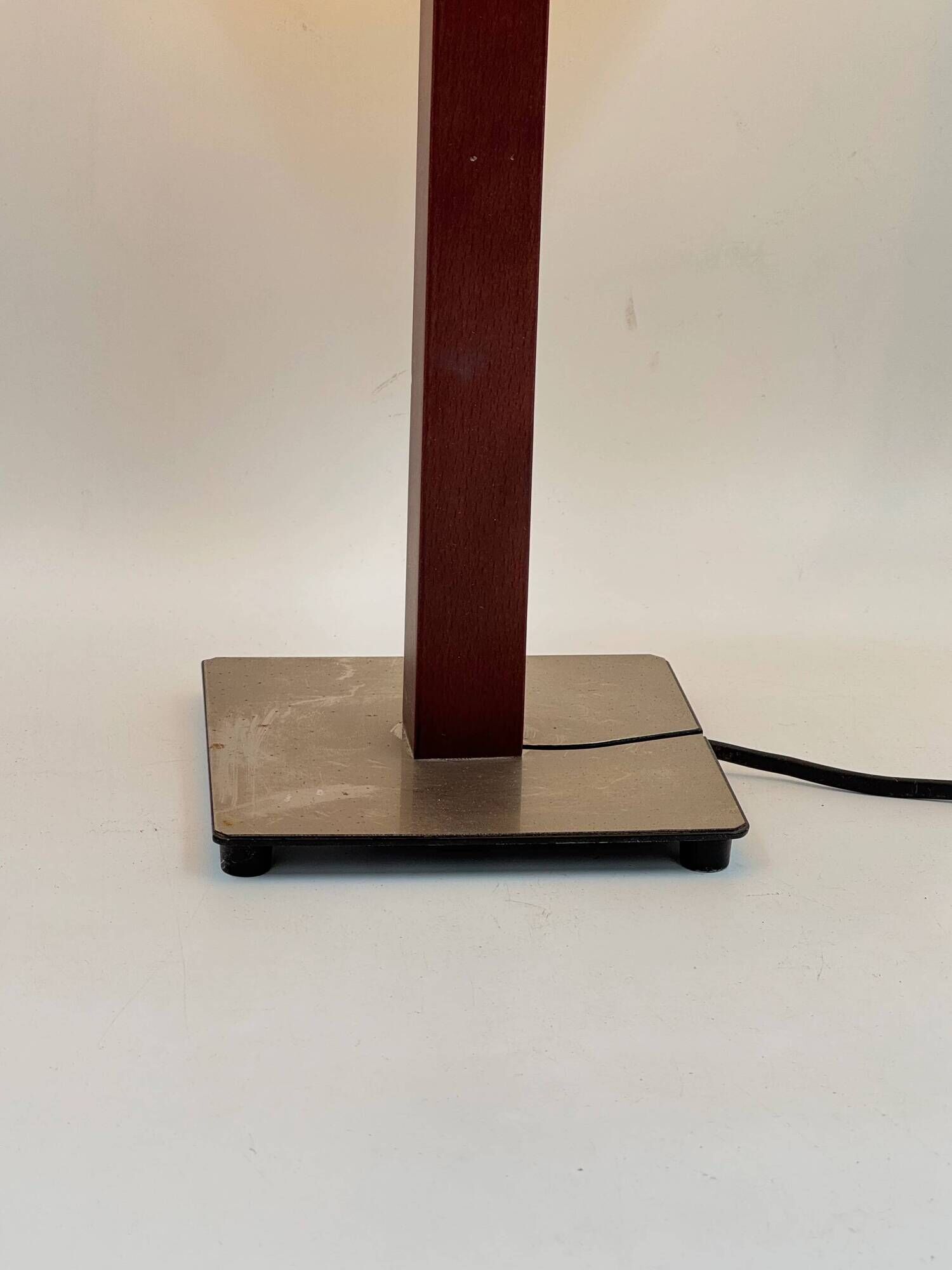 Vintage table lamp with a square wooden column and brushed steel base.