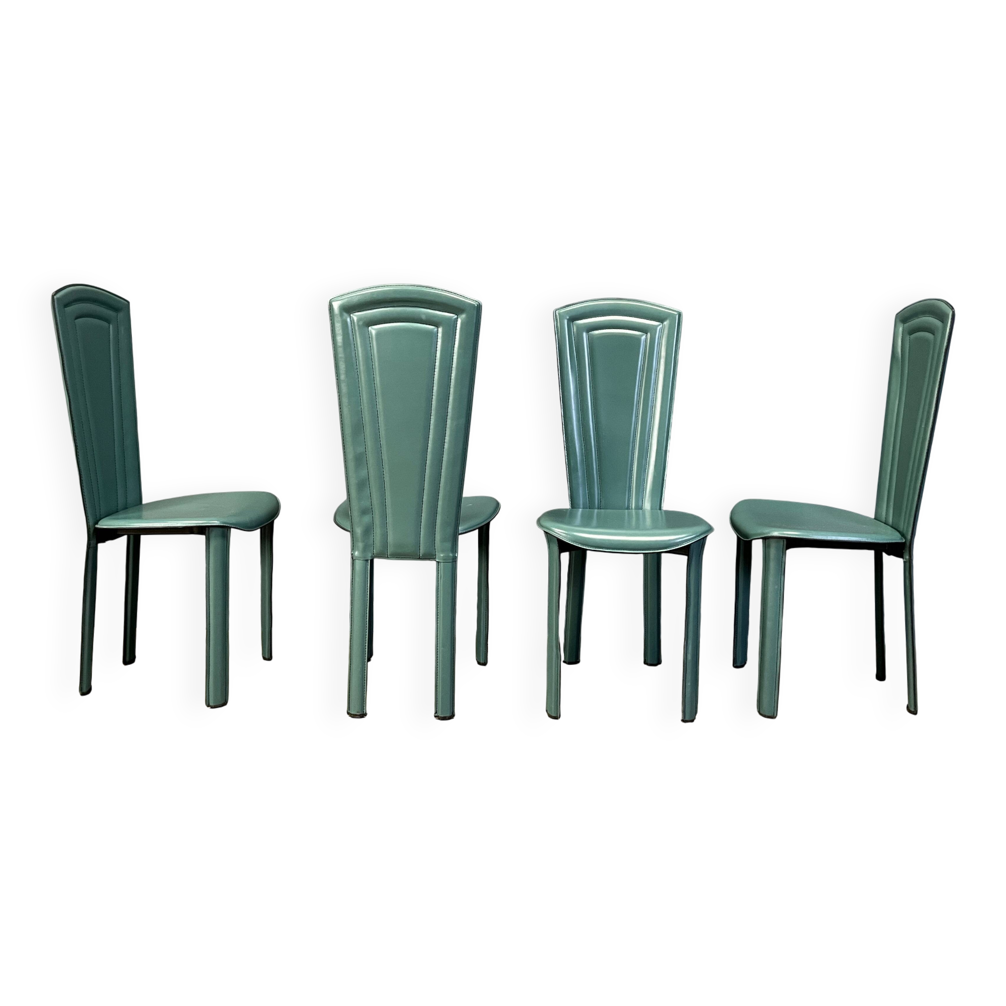 Vintage green leather dining chairs, 1980s - set of 4