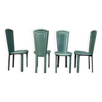 Vintage green leather dining chairs, 1980s - set of 4