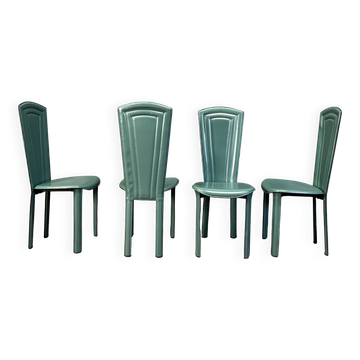 Vintage green leather dining chairs, 1980s - set of 4