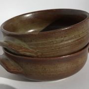 2 Handcrafted green-brown stoneware bowls signed