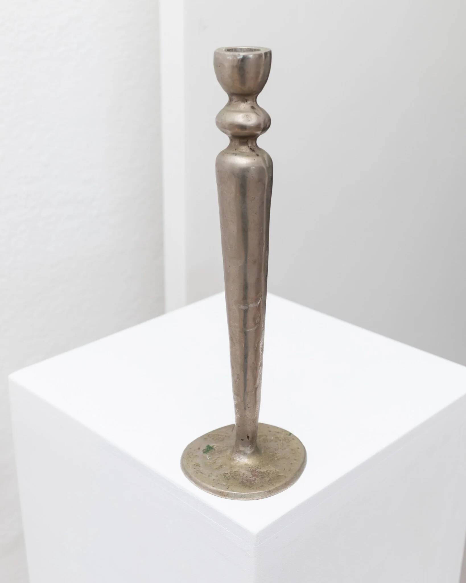 Brutalist vintage candlestick in gris patinated metal from Sweden, 1970s decorative lighting gift