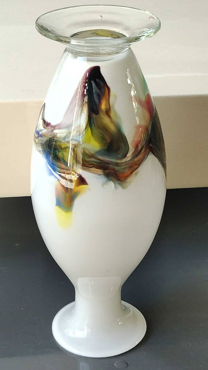 Flamed vase/volutes in white opaline/polychrome Art Glass. Murano style. High 23.5 cm