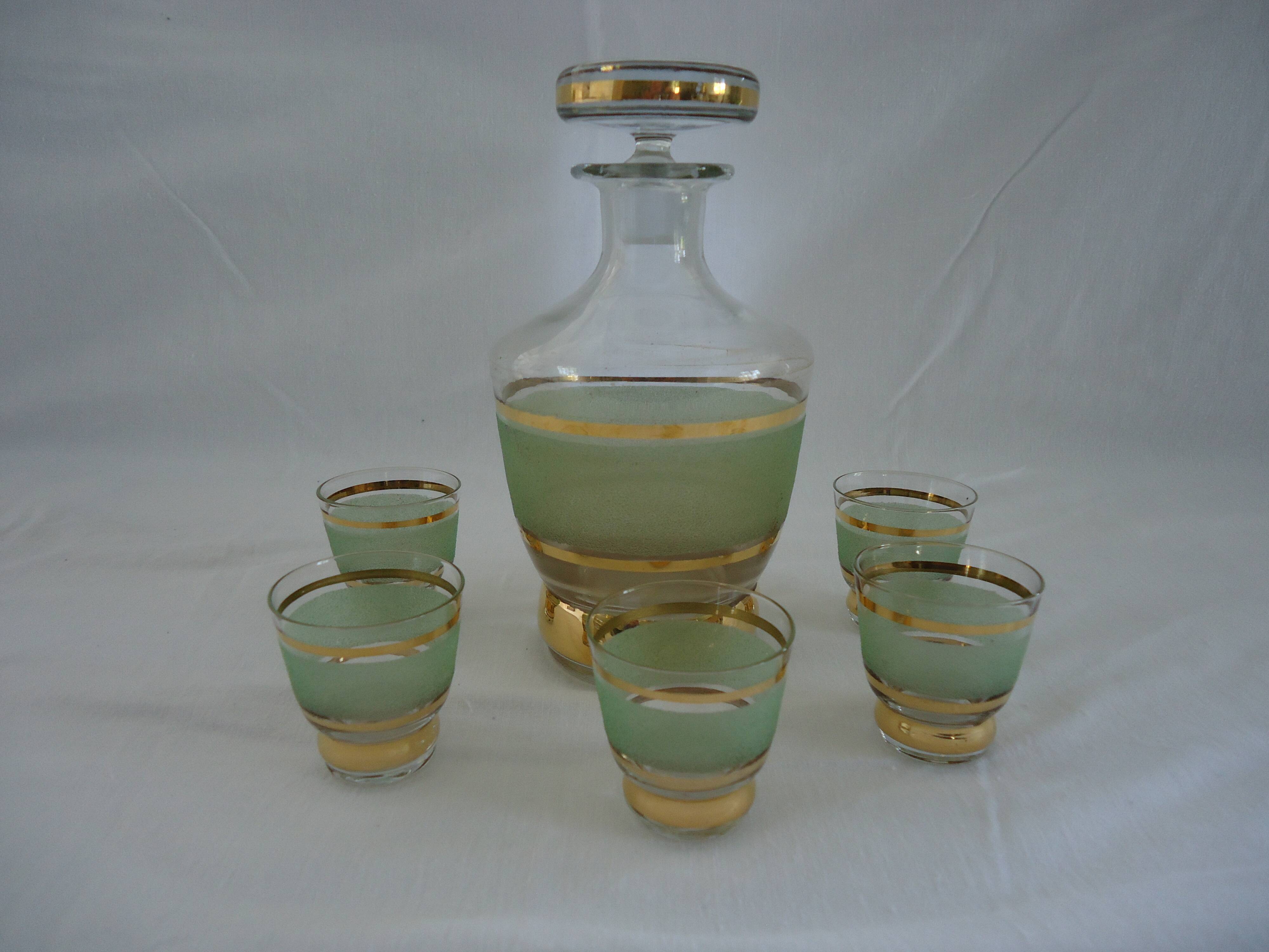 Vintage liqueur service in frosted celadon and gold glass – 1950s