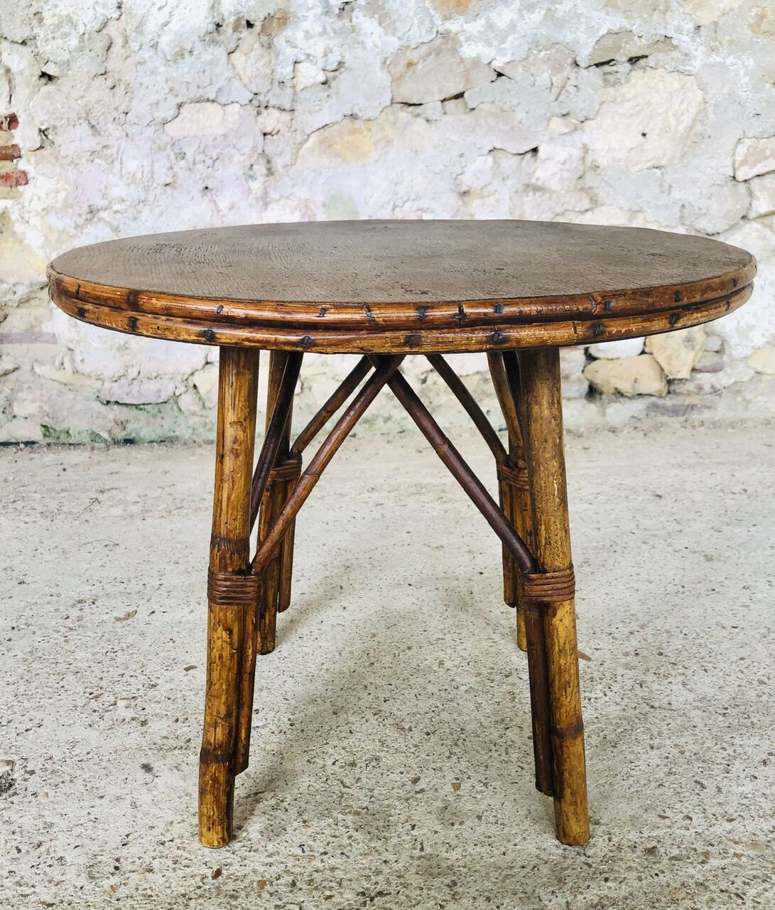 Round rattan bamboo side table, 60s