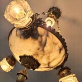 Art Deco alabaster and bronze chandelier, 7-light fixture