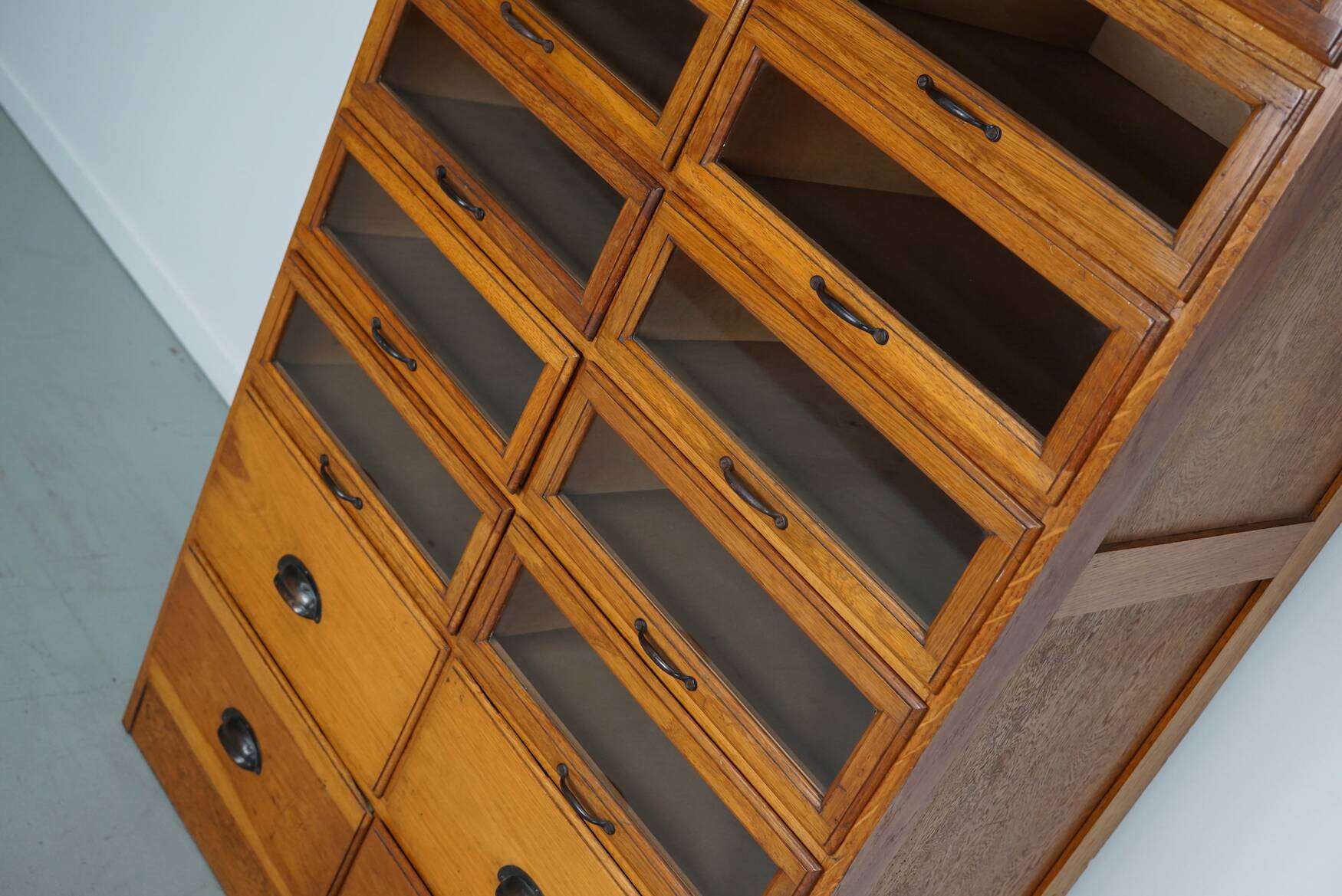 English Haberdashery Shop Cabinet with Glass Fronted Drawers, Circa 1930s