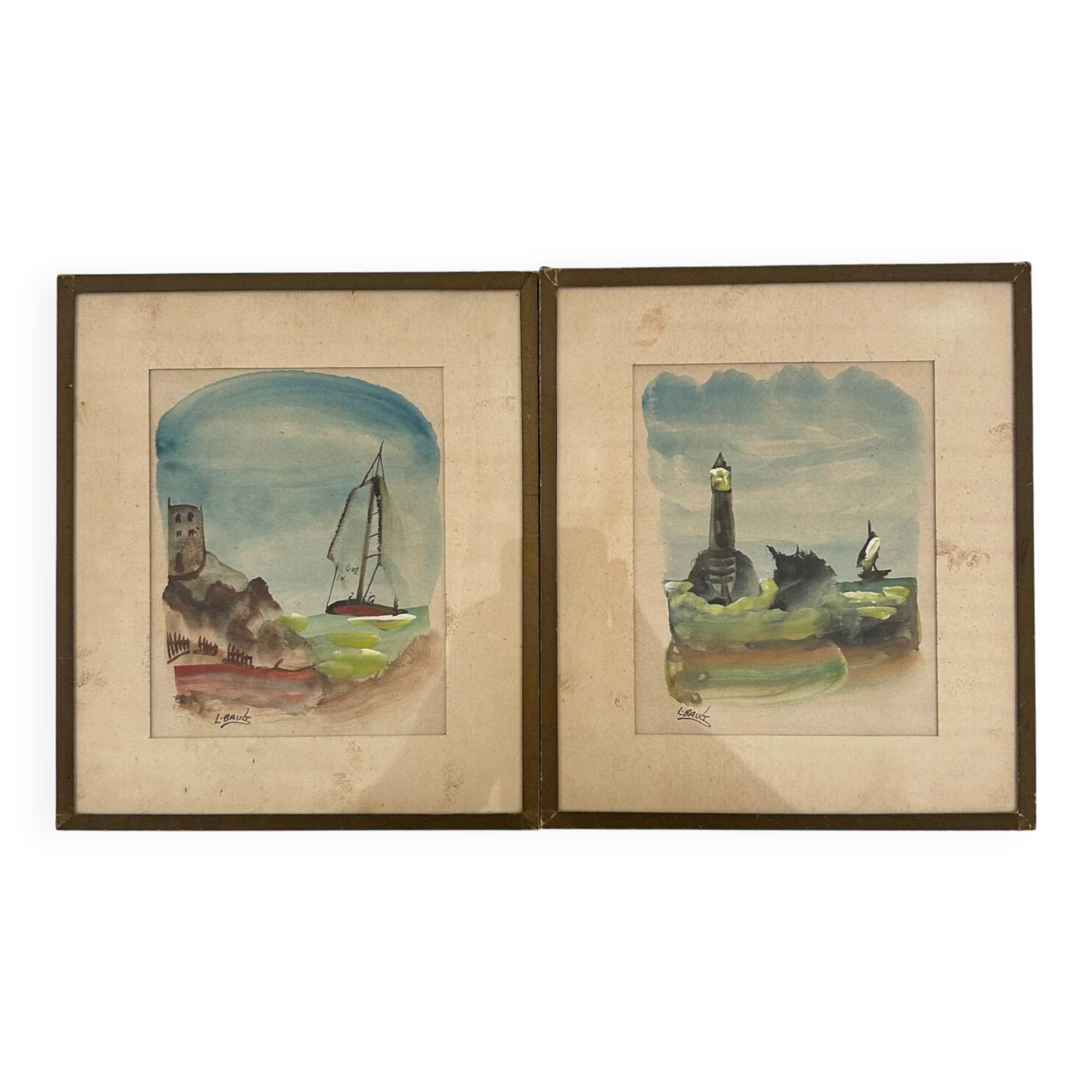 2 marine watercolours signed L. Baud