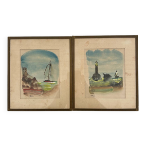 2 aquarelles marines