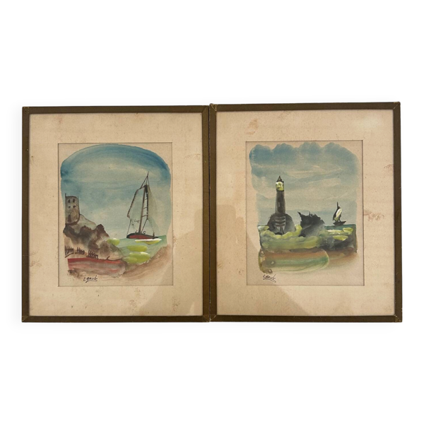 2 aquarelles marines signées L. Baud