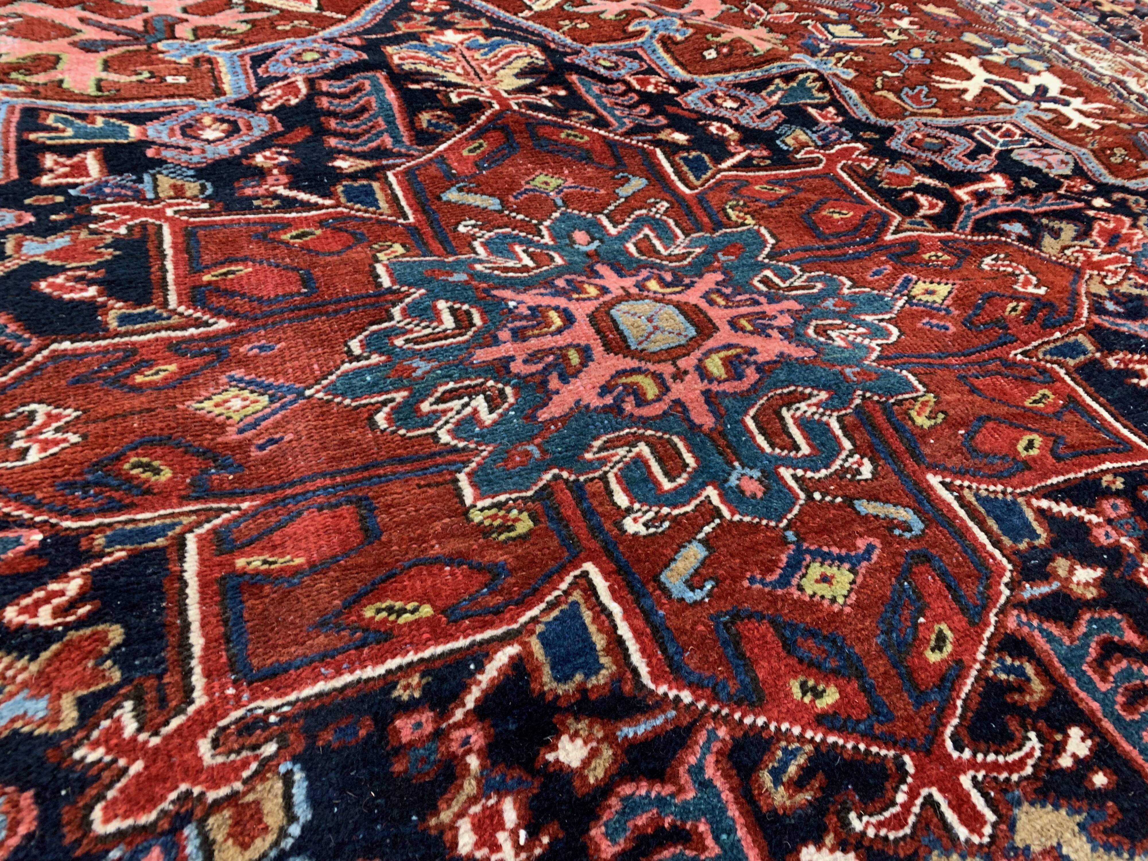 Antique heriz rug 353x263 cm wool oriental hand made carpet red, brown, blue