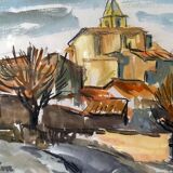 Watercolor Painting MOURIER Marguerite (1910-1987) "the village church" + frame