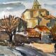 Watercolor Painting MOURIER Marguerite (1910-1987) "the village church" + frame